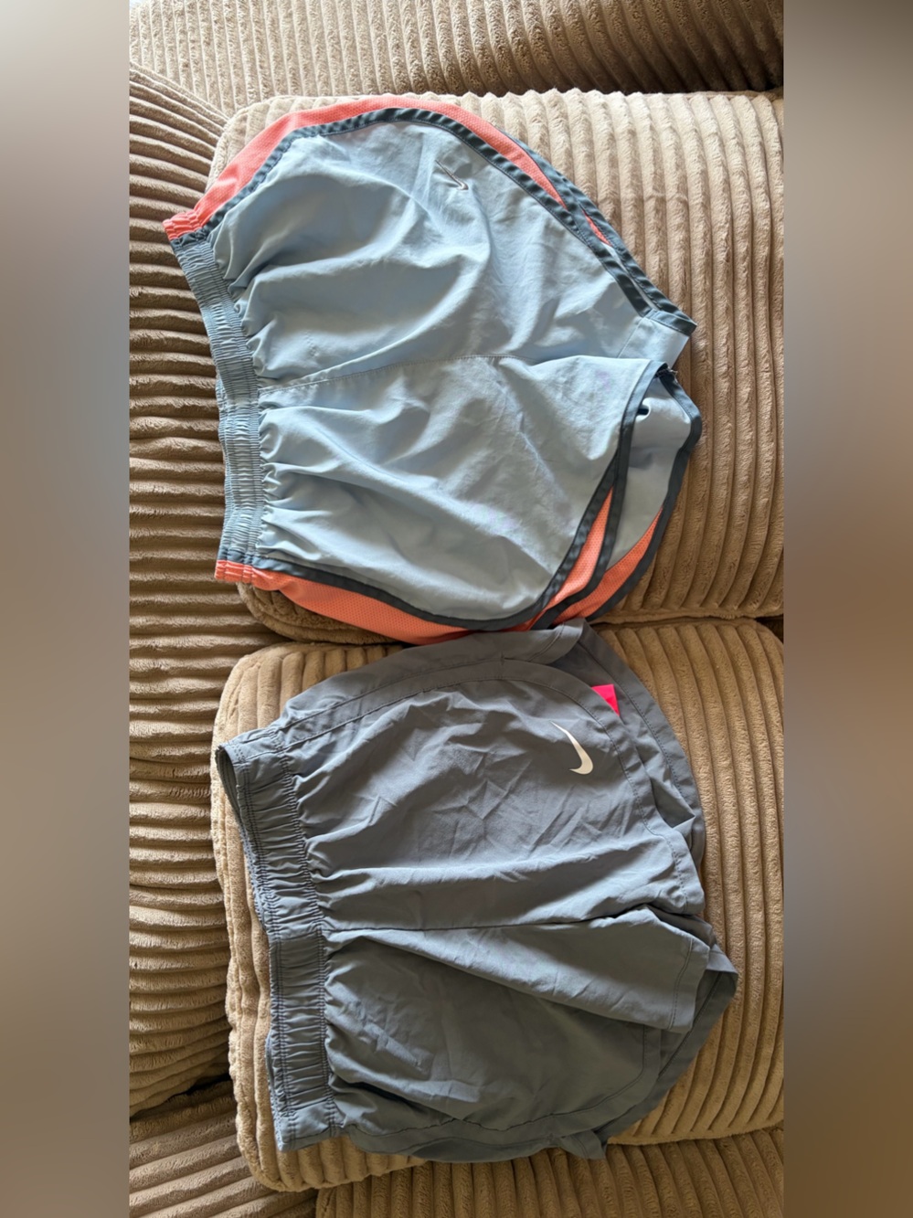Nike Women's Light Blue and Coral Trim Athletic Shorts Duo